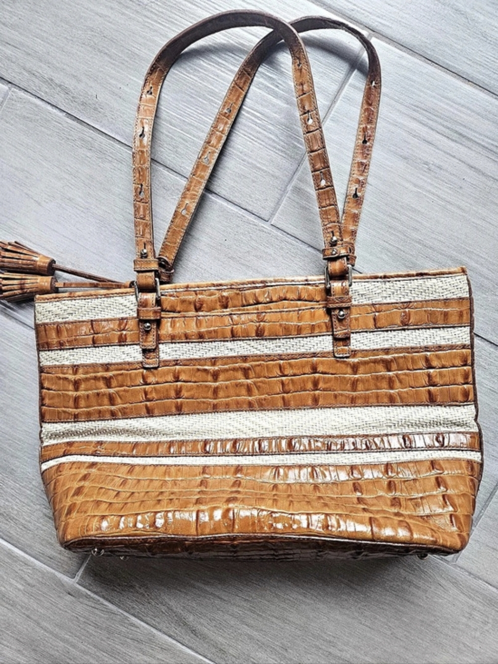 Brahmin Tisbury Collection Straw & Croc-Embossed Leather Tote Tisbury Straw &
